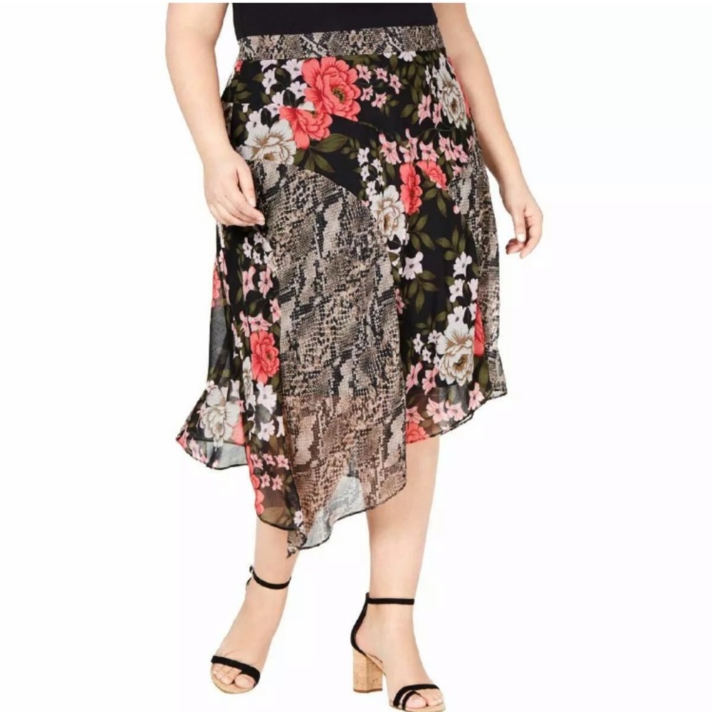 INC Womens Plus Floral Snake Print Midi Skirt, Blossom Snake